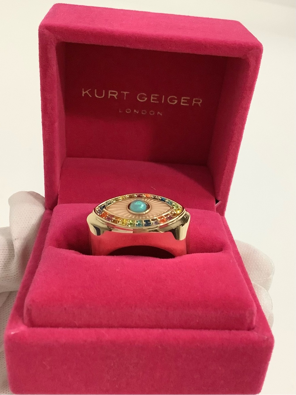 NEW Kurt Geiger London Gold tone Rainbow Multicolor Crystal Eye Ring Sz. 8 - Picture 6 of 10